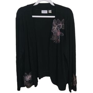 Chicos Travelers Black Appliqué Open Front Cardigan Sweater Size 3(XL)